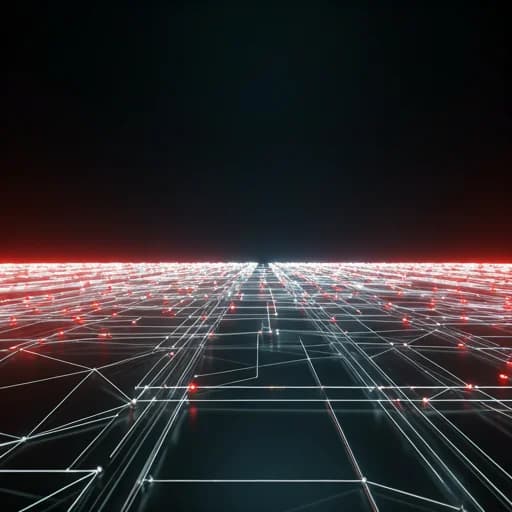 An abstract visualization of a massive cloud infrastructure network with glowing red data packets traveling along white geometric paths.