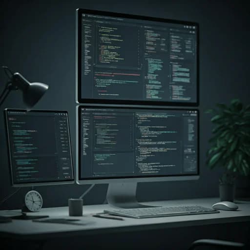 Developer workspace showing multi-monitor high-tech code architecture.