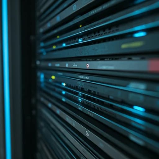 Server rack with status lights in modern data center.