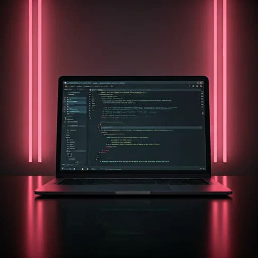 A clean, high-performance workspace featuring a high-end laptop displaying complex code lines in a dark-themed IDE.