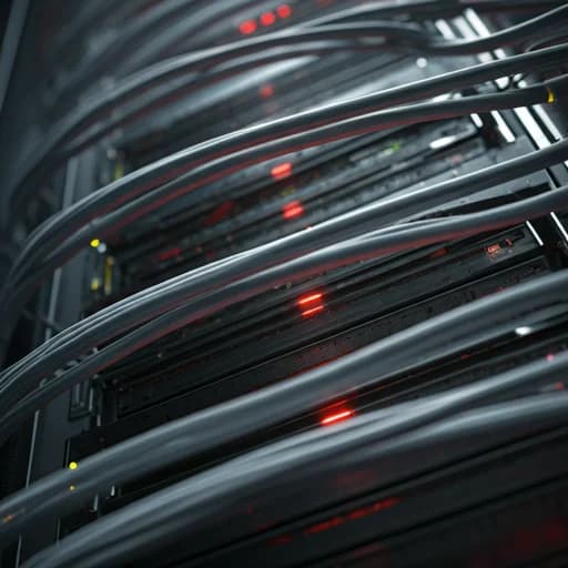 A sophisticated data center server room visualized through a digital lens.
