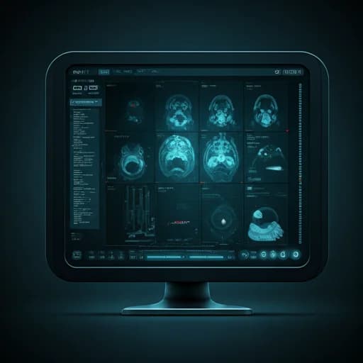 A futuristic medical imaging workstation where AI algorithms are highlighting anomalies in 3D scans. The interface is dark navy with diagnostic markers.